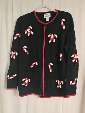 Black Candy Cane Appliqué Cardigan Sweater -The Quacker Factory